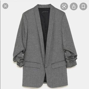 Grey herringbone ruched sleeve blazer
